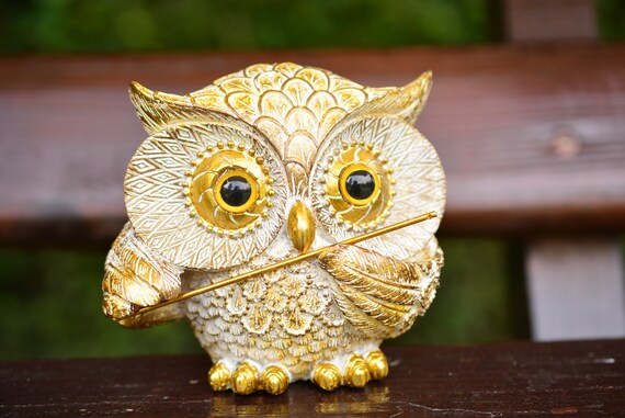 White and Gold Flutist Owl Figurine,Owl Flute,Owl Musician Figurine,Owl Gift,Owl Home Decor,Cute Owl Statue