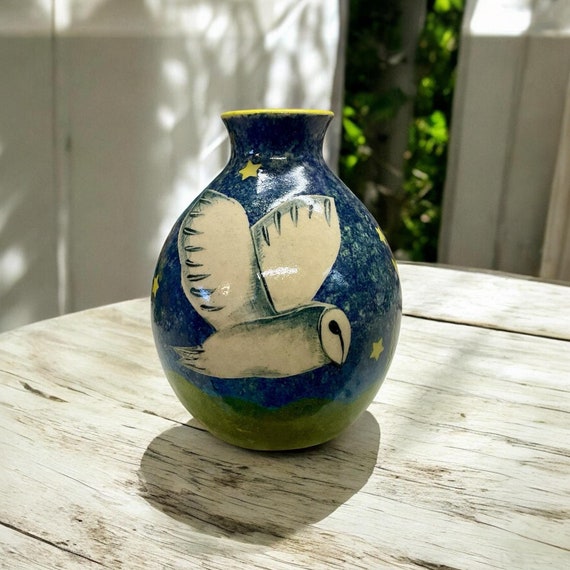 OWL VASE - Handmade Pottery -  Hand Painted Owl Moon Vase -  Owl Pottery - Flying Owl Vase - Night Owl - Handmade In Wales