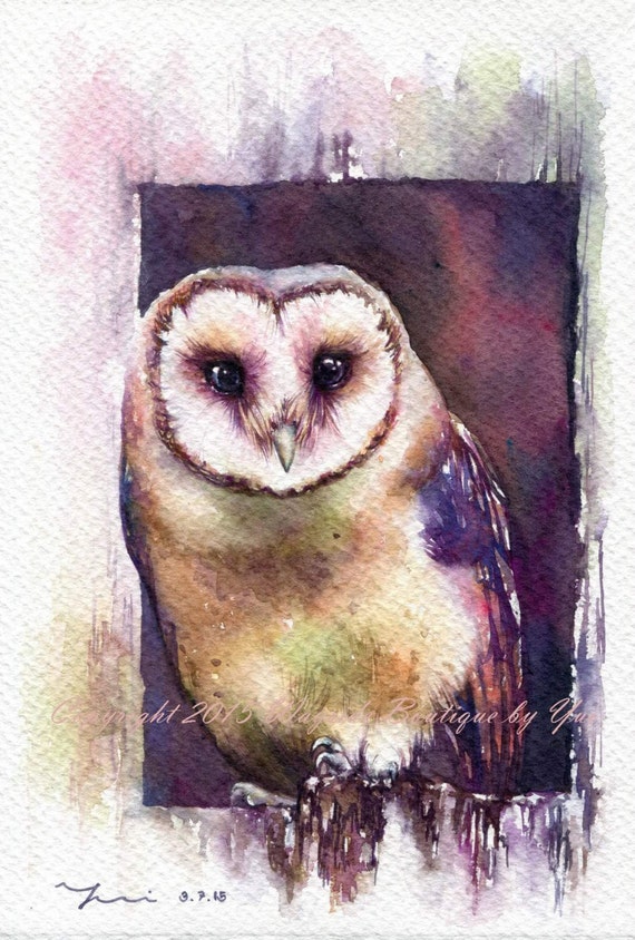 PRINT - Shadowy watercolor painting 7.5 x 11", Hand painted by Yui Chatkamol, owl wall art