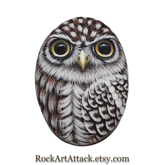 Burrowing Owl Painted Pebble with Acrylics and protected with Satin varnish. Painted stones, night bird, pebble painting art, little owl.