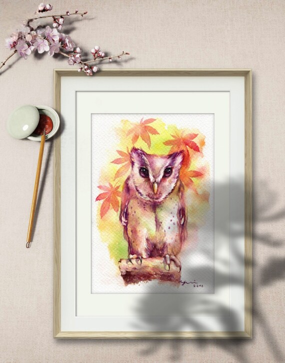 Life in Autumn - ORIGINAL watercolor painting 7.5x11 inches, 100% Hand painted on watercolour paper,gift, owl art, autumn,wall art,Wildlife