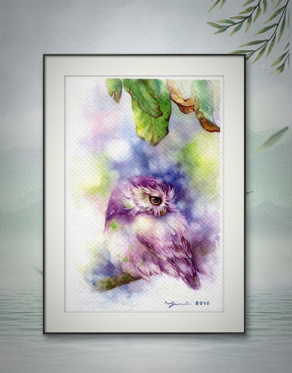 PRINT - Watercolor painting 7.5 x 11 inches Reproduction of my Original Watercolor painting.Hand painted 100% not AI, Contemporary,owl, gift