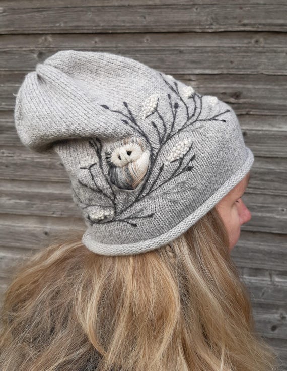 Knitted beanie hat with embroidery owl,winter accessories,lovely and casual gift for Christmas gift,gift for her,warm winter hat,Eco life.