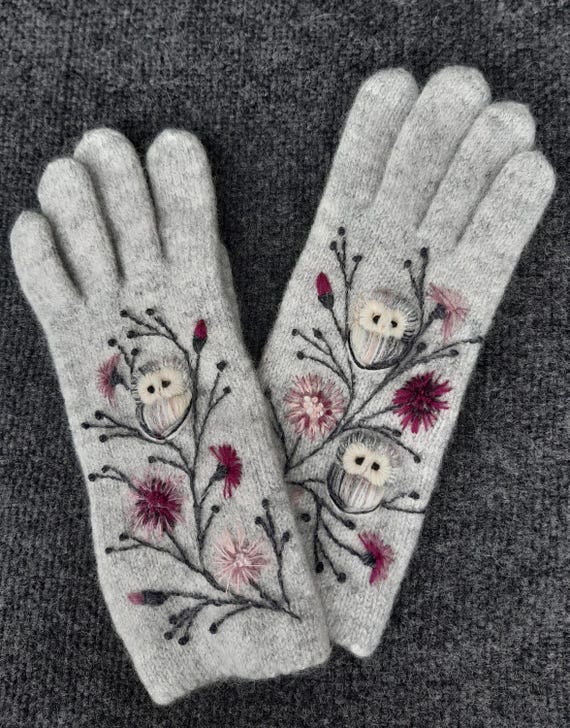 Knitted and felted winter gloves with embroidery owls,winter accessories,soft and lovely Christmas gift, gift for her,gray and white.