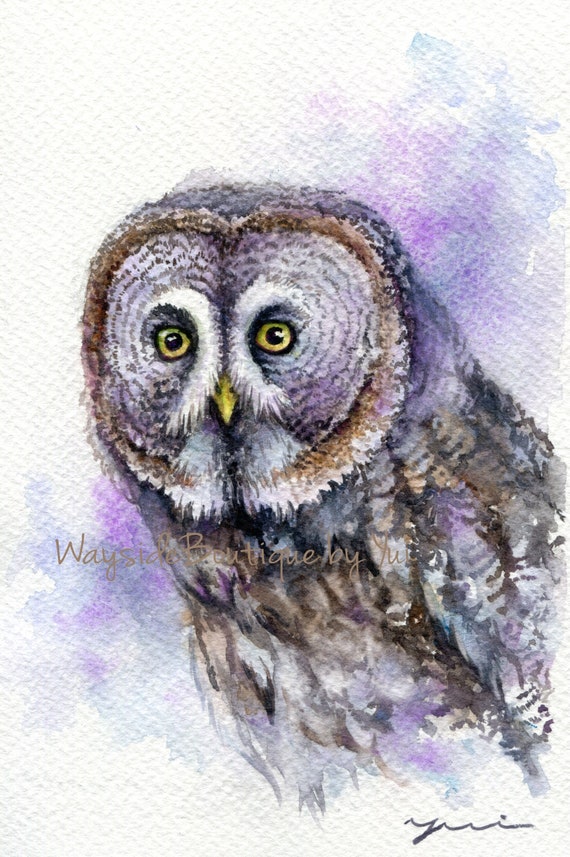 PRINT - Great grey owl- Watercolor painting 7.5 x 11”, hand-painted by Yui Chatkamol, owl character art, bird wall art