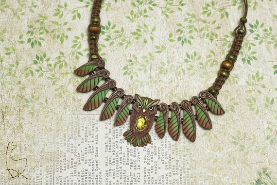 Forest Owl Necklace Wisdom Owls Green Leaf Plants Gift for Bird Lover