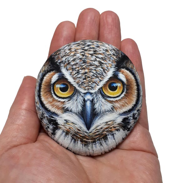 Great horned owl face portrait painted stone! Owl stone art, rock painting owl, hand painted with Acrylics and finished with satin varnish