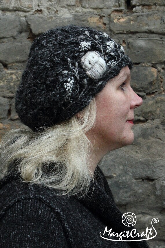 Hand knitted slouchy beanie with embroidery owl,dark gray and white,winter accessories,Christmas gift,soft and casual gift for her,comfort.