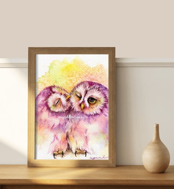 PRINT – Sweet Owls' Kiss: A Heartwarming print of Two Pink Owls in a Tender Moment,  7.5 x 11”,Print from original is hand painted