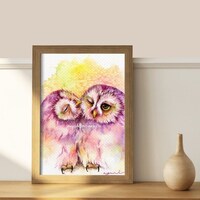 PRINT – Sweet Owls' Kiss: A Heartwarming print of Two Pink Owls in a Tender Moment...