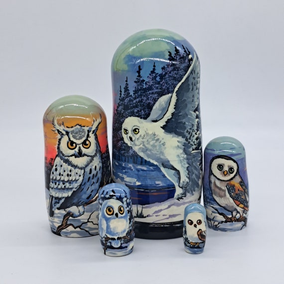 7" Nesting dolls 5 in 1 Stunning Owls Matryoshka Ukrainian nesting dolls Home decor Artwork from Ukraine